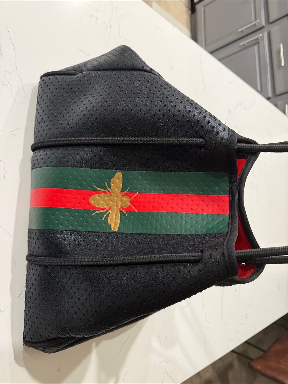 Black Tote Bag with Green and Red Stripe and Gold Bee Accent
